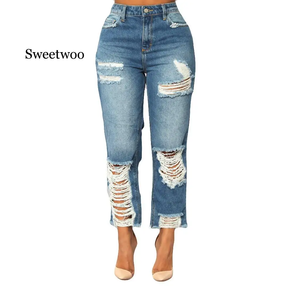 

2020 Fashion Women High Waisted Skinny Hole Denim Jeans Stretch Slim Pants Calf Length Jeans Solid Women Pants