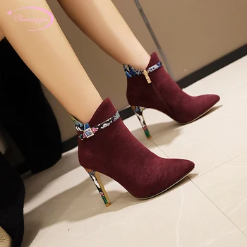 

Party pointed toe riding boots plaid buckle zipper matching color black yellow red high heel stiletto ankle boots women's shoes