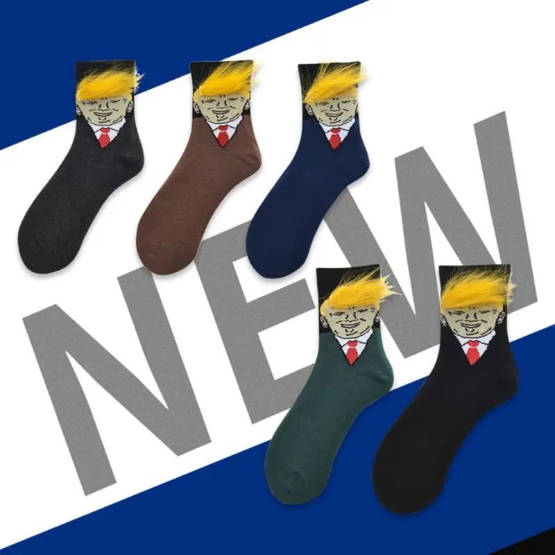 Men Women Funny American President Portraits Crew Socks with 3D Realistic Yellow Hair Novelty Cotton Tube Hosiery Crazy Gag Gift