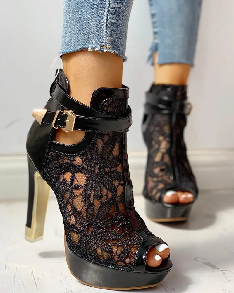

2020 Women High Heel Suede Patchwork Sexy Open Toe Peep Toe Ankle Buckled Lace Embroidery Thin High Heeles
