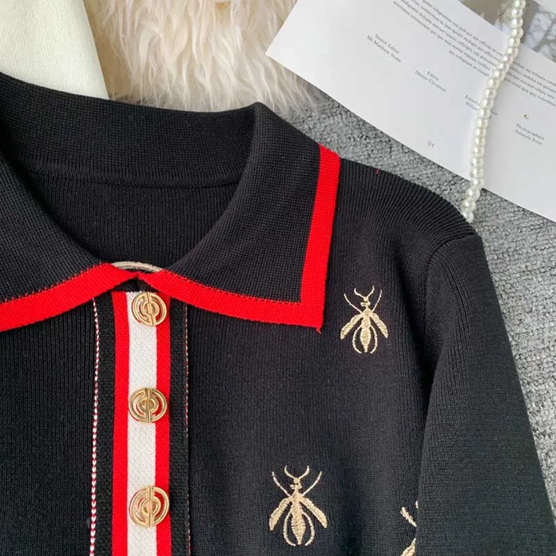 Skup NiceMix jesienne swobodne sukienki damskie sukienka trapezowa hafty pszczoły z dzianiny z długim rękawem elegancka sukienka damska odzież szata Femme