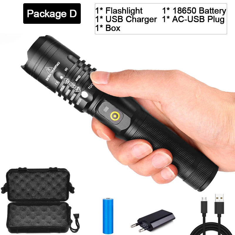 Package D Мощный фонарик с подзарядкой от USB светодиодный фонарь Zoom XHP50.2 светодиодный фонарь Водонепроницаемый фонарь с аккумулятором 18650 USB кабель - Испускаемый цвет: Package D