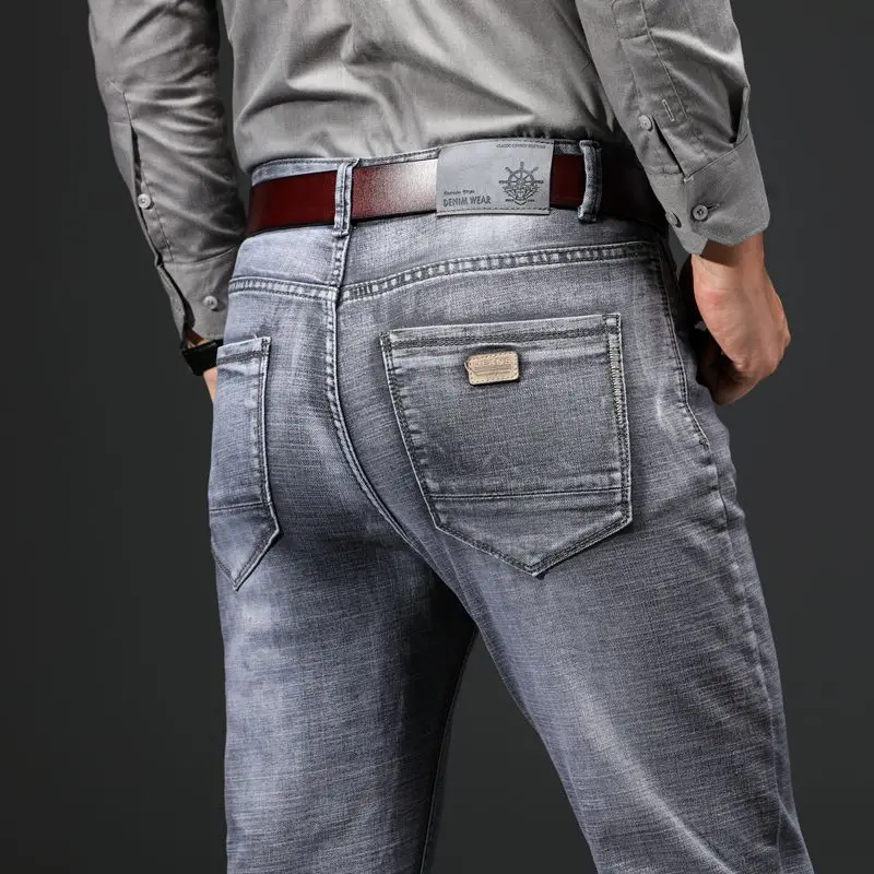 Осенние Новые Классические Стильные мужские облегающие серые джинсы деловые модные маленькие прямые джинсовые эластичные брюки мужские Брендовые брюки - Цвет: 307 Gray