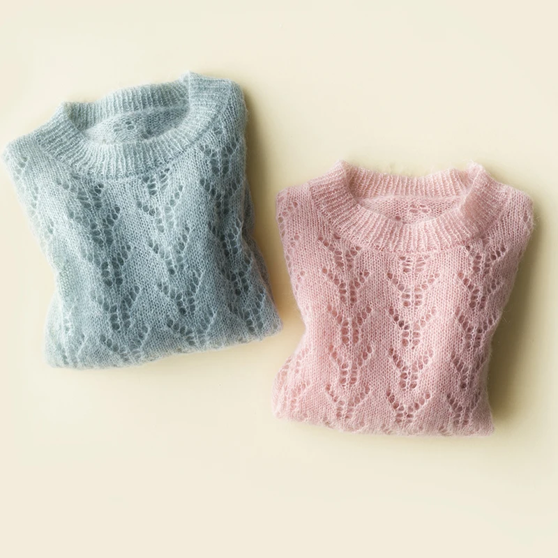 Elfbop 2020 Spring Ladies Mohair Wool Hollow Out Patchwork Long Sleeve Jumper - Pink/Green Solid Color Pullover Sweater | Женская одежда