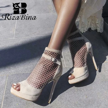 

RizaBina Plus Size 33-43 Women Pumps Zipper Ankle Strap Shoes Women Patchwork Open Toe Sexy Western Party Female Footwear