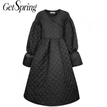 

Getspring Women Parka Bandage Lantern Sleeve Womens Winter Jackets Coats V-neck Vintage Long Winter Overcoat Winter Coat Women