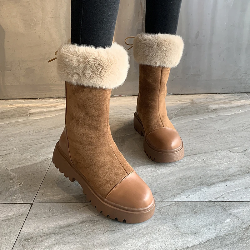 

Women Snow Boots Warm plush 2019 Winter Boot Platform Ladies Suede Faux fur boots Female Comfort Cross strap black Brown