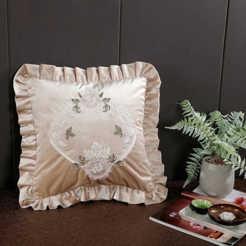 style1 beige Кружевные Сатиновые платья Подушка Чехол Наволочка декоративные подушки Чехол 45x45 55x55 вышитые Европейский Стиль красный Высокое Класс домашнего текстиля - Цвет: style1 beige