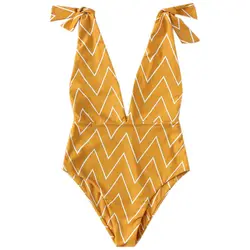 Желтая полоса самозавязывающийся v-образный Вырез Цельный купальник пляжный отдых беспроводной женский летний купальник