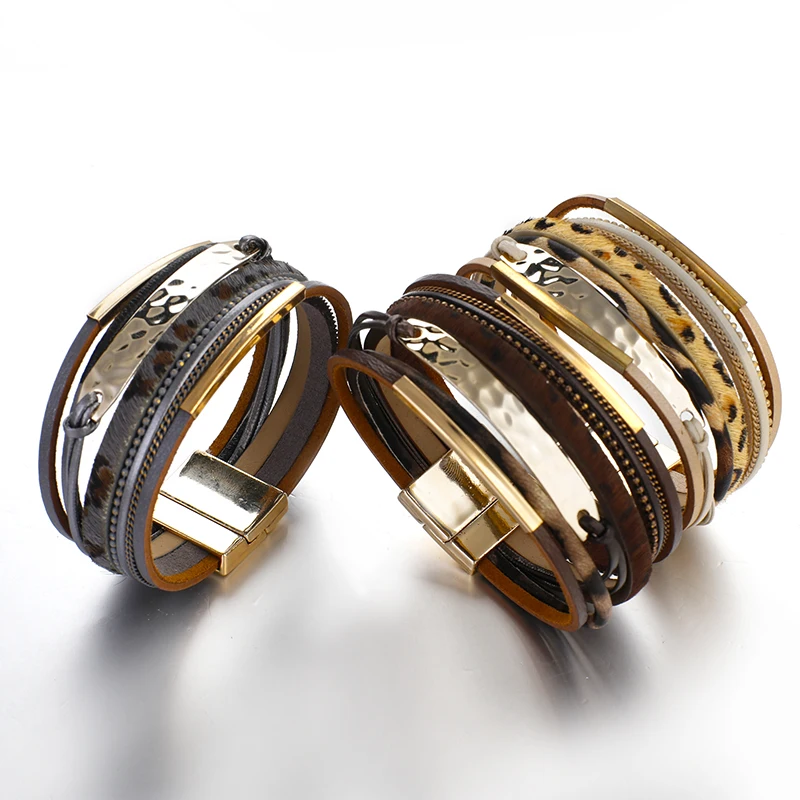 Amorcome леопардовые кожаные браслеты для женщин модные металлические браслеты элегантные многослойные широкий ювелирный браслет