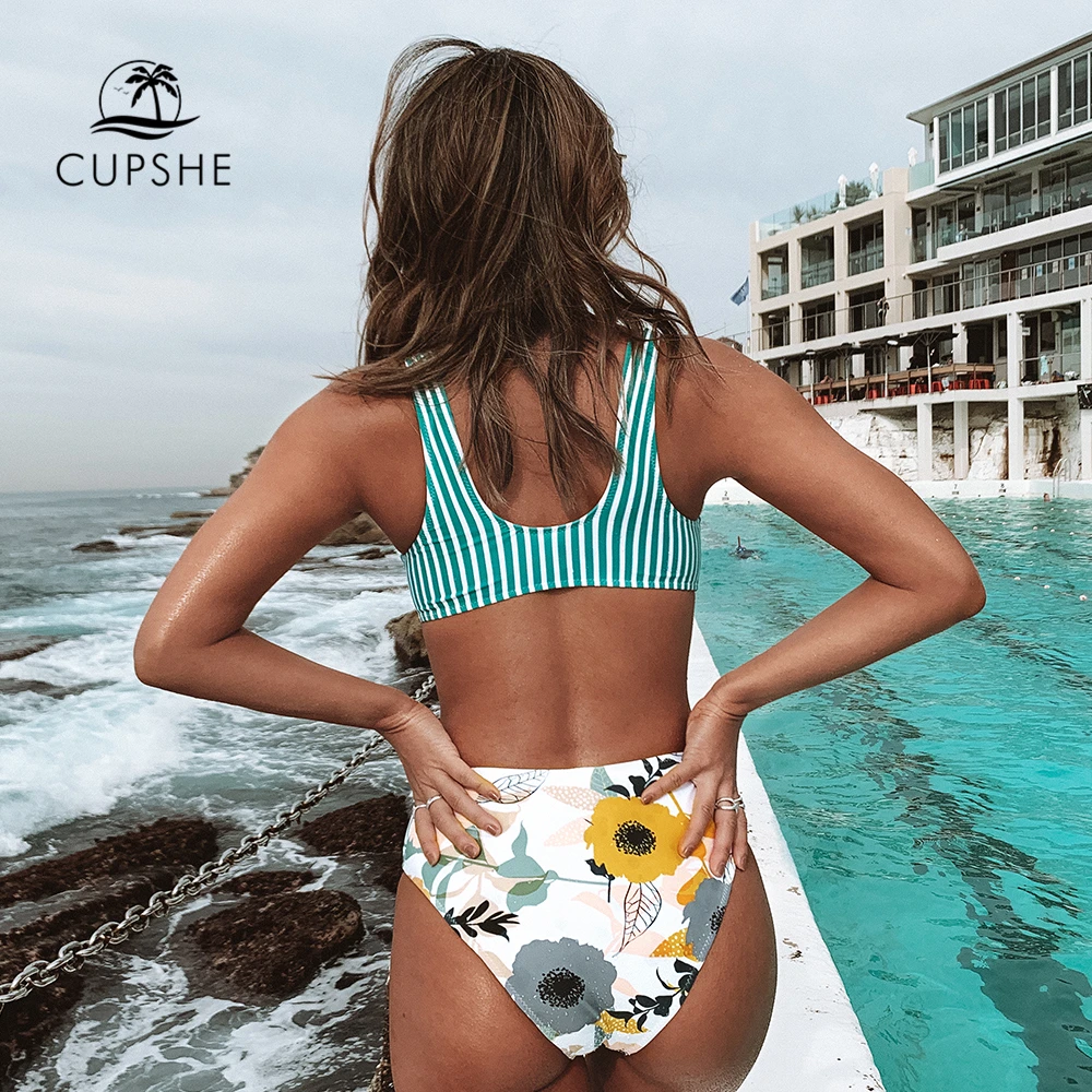 CUPSHE Aqua, полосатый и цветочный, с вырезами, Цельный купальник, сексуальный, с высокой посадкой, Женский Монокини,, для девушек, пляжные купальники, купальники