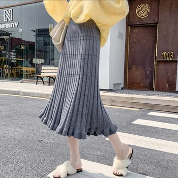 

Cotton Long Skirt Pleated Knitted Mid Length Skirt High Waist Umbrella Skirt Autumn and Winter 2019 Pleated Skirt Long Skirt