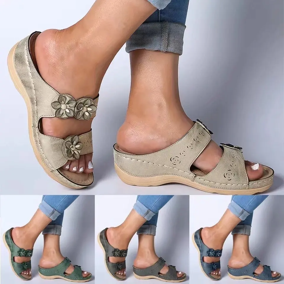 Women Sandals New Summer Shoes Woman Plus Size 44 Heels Sandals For Wedges Chaussure Femme Casual Flower Vintage Wedge Heel