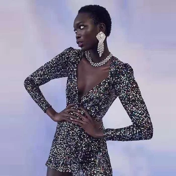 

2019 Newest Fashion Sequin Jumpsuit Sexy V Neck Bling Long Sleeve Playsuit Zipper Women Celebrity Party Black Patchwork Verano