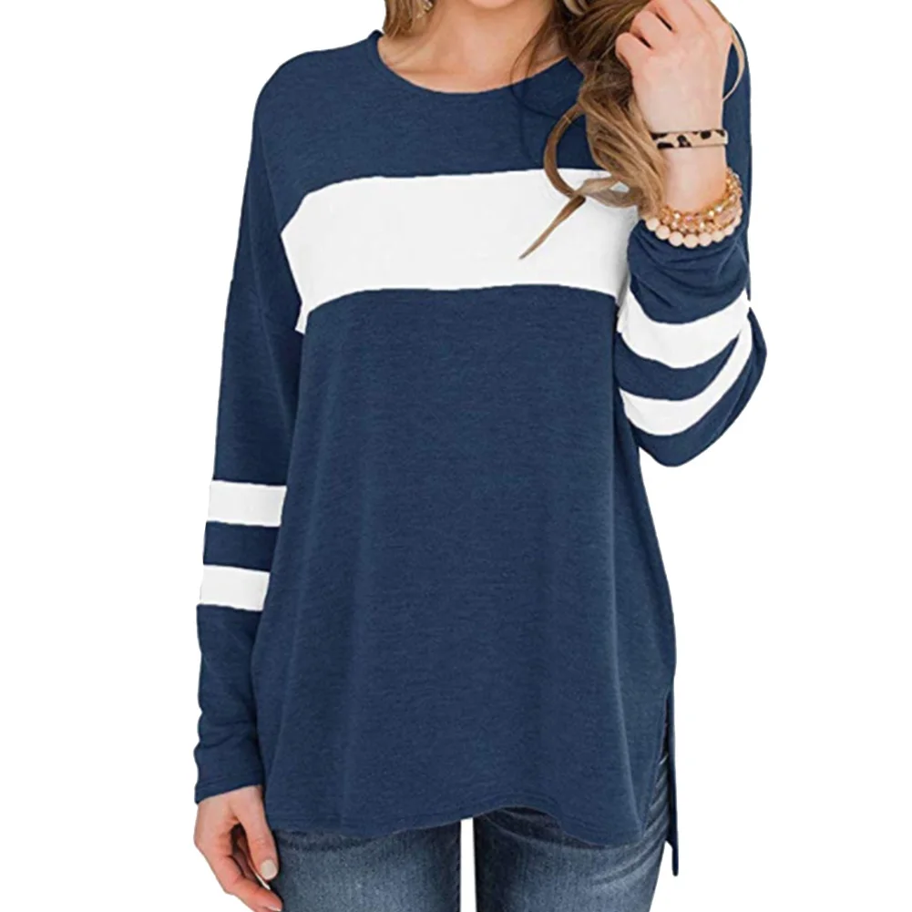 Офисный осенний пуловер, высокая низкая женская футболка, для покупок, с разрезом по бокам, круглый вырез, верхняя одежда, цветные блоки, туники, повседневная, с длинным рукавом