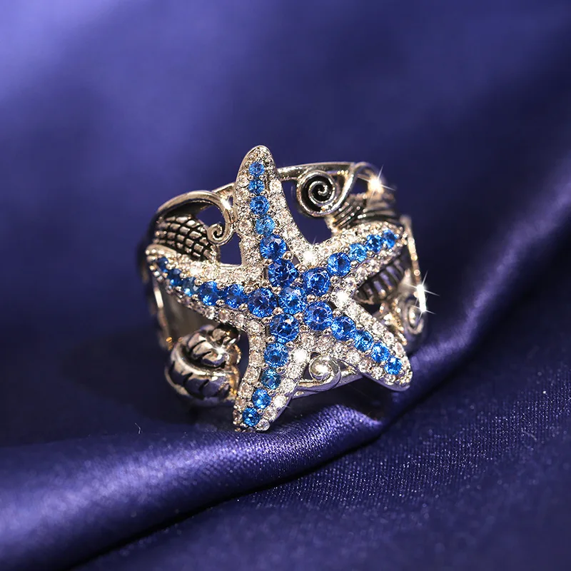

European and American Fashion Creative Blue Starfish Ring Covered with Zircon Shining Ring Women Temperament Exquisite Jewelry