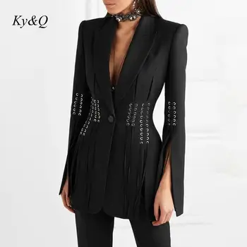 

Runway Chic Winter 2019 Designer Jacket Women Single Button Lacing Up Rope Split Blazer Black Jacket Clothes Luxury Fashion Coat