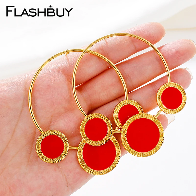 

Flashbuy Fashion Red Gold Round Drop Earrings For Women Geometric Exaggeration Trendy Earrings Metal Wedding Jewelry Wholesale