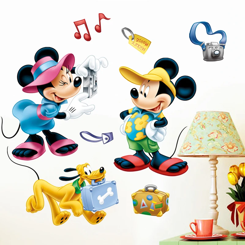 Cartoon Disney Mickey Minnie Pluto Take A Photograph Wall Stickers For Kids Rooms Home Decor Wall Decals Pvc Mural Art Wallpaper
