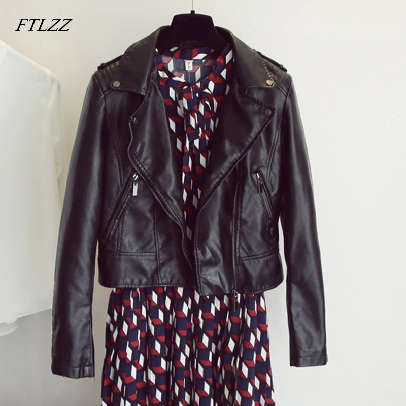 

FTLZZ Women Pu Leather Biker Jacket Short Slim Vintage Punk Fashion Motorcycle Coat Black Soft Washed Female Street Coats