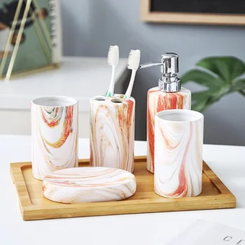 

Couple Ceramic Lotion Bottle Toothbrush Cup Mouthwash Cup Soap Dish Bamboo Holder Set Bathroom Six-piece Toilet Wash Set Brushin