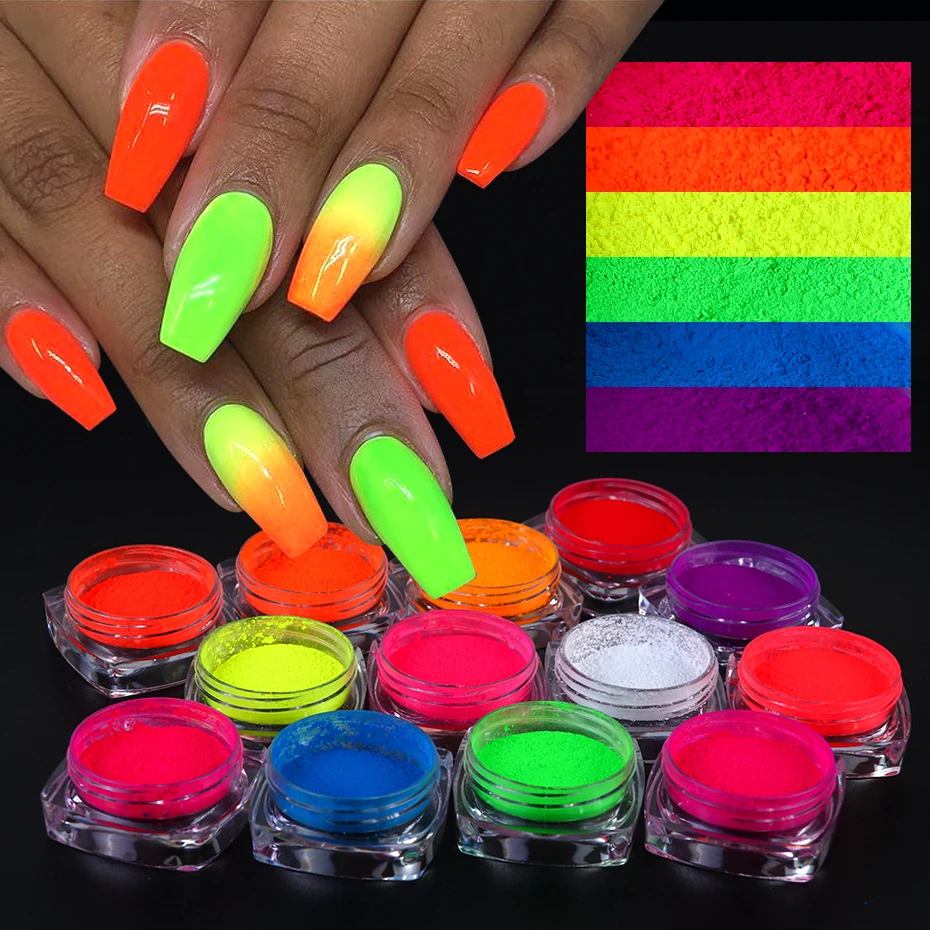 13 Boxes Neon Pigment Powder Set Fluorescent Nail Glitter Eye Powder  Manicure Decoration Nail Art Dust Pigment Paillettes