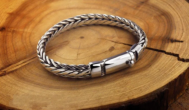 2021 New Real Pure S925 Silver Hand-woven Trendy Thick Keel Man Bracelet Vintage Lettering and Personalized Boyfriend Gift