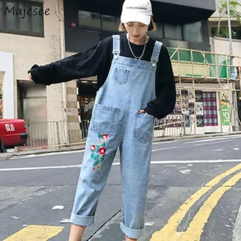 

Jumpsuits Women Denim Trendy All-match Korean Style Student Simple Loose Womens Pockets Embroidery Trousers Streetwear Chic