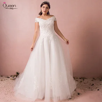 

New Elegant Off-shoulder Lace Tulle Plus Size Wedding Dress White Capped Sleeves V-neck Floor-length Dress with Sequins
