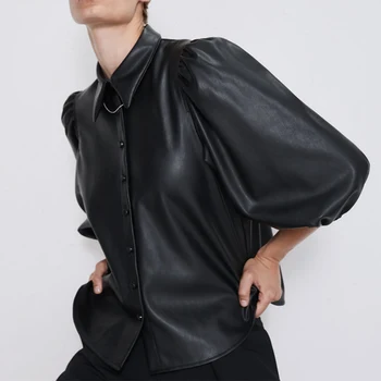 

Autumn Black Faux PU Leather Women's Shirt Tops 3/4 Puff Sleeve Button Woman Shirts 2020 Punk Streetwear Female Clothing New