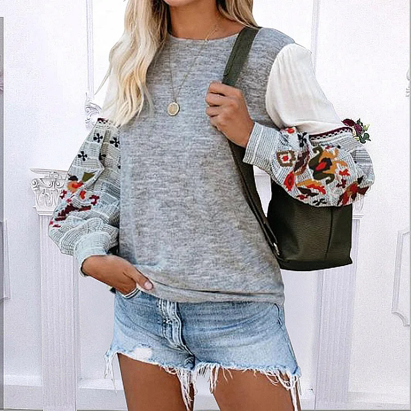 

Models European And American Women's Explosive Round Neck Long-sleeved Printed Top Autumn and Winter Hooded Sleeve Style