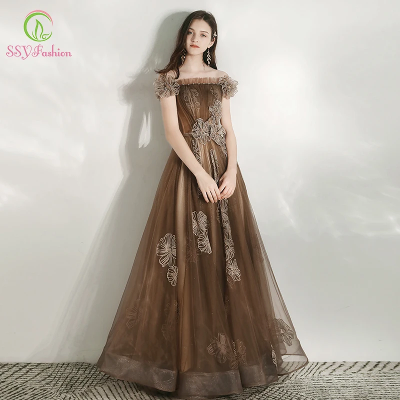SSYFashion, новинка, элегантное вечернее платье кофейного цвета для банкета, с вырезом лодочкой, с блестками, с аппликацией, длинное вечернее платье, Vestidos De Noche