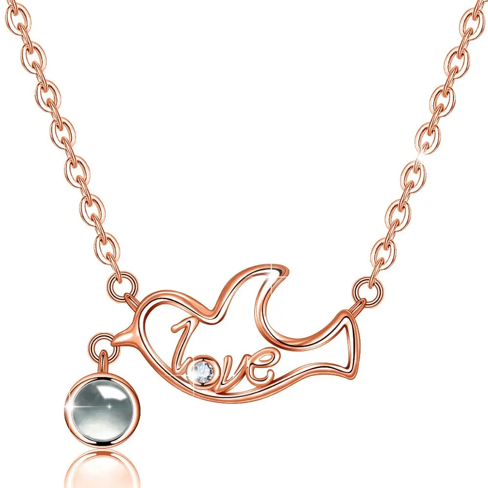 

EUDORA 925 Sterling Silver I love you Projection Pendant Dove Necklace For Steadfast Love Rose Gold Necklace For Lover Best Gift
