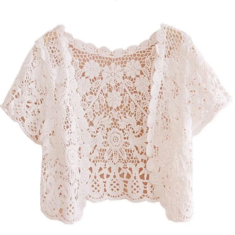 Women's Short Sleeve Shrug Bolero Lace Sheer Bridal Summer Jacket Cape White/Black