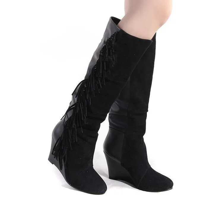 2018-Spring-New-Fashion-Suede-Leather-Patchwork-Women-Knee-High-Boots-Sexy-Pointy-Toe-Ladies-Wedge