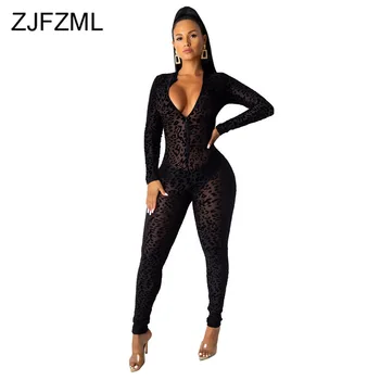 

Sexy Deep V Neck Leopard Mesh Romper Women Long Sleeve Bodycon Black Party Overall Autumn Perspective One Piece Bandage Jumpsuit