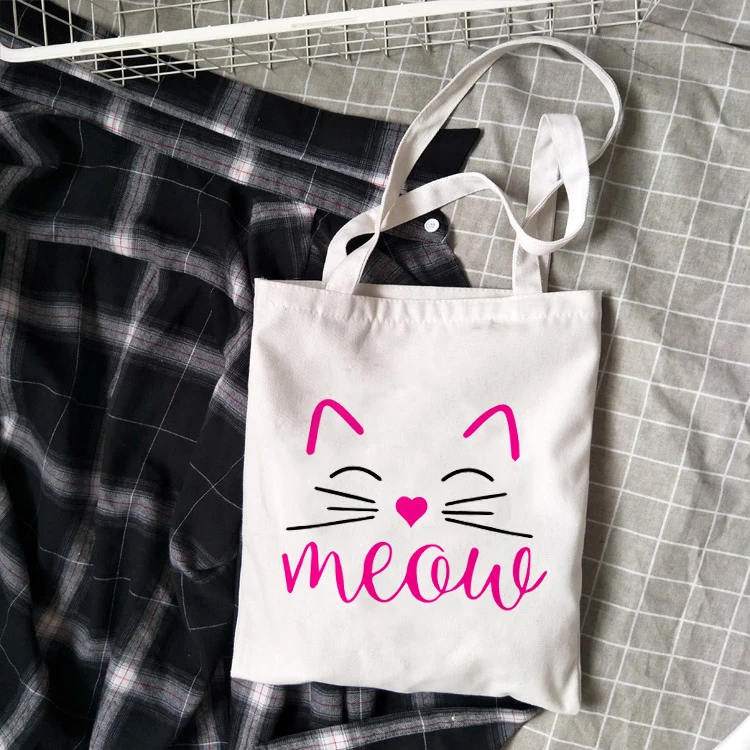 Модная Холщовая Сумка Meow Cat для женщин и девочек, простая вместительная сумка для хранения, сумка на плечо, многоразовая Студенческая сумка для книг - Цвет: B0503-TBWH-M