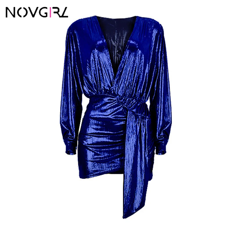 Novgirl, сексуальное облегающее платье с глубоким v-образным вырезом и поясом для женщин,, Золотое бронзовое платье с запахом, платье с рюшами, Клубные вечерние платья, шикарные платья - Цвет: dark blue