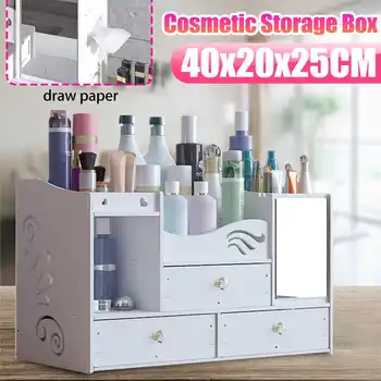 

Large Capacity Wooden Cosmetics Organizer Makeup Storage Box With Mirror DIY Multifunctional Desktop Drawers Cosmetic Case