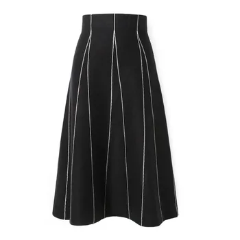

2019 High Waist Women Winter Black Lon Skirt Chic White Striped Women Knitted A-Line Skirt Faldas Jupe Femme Saia