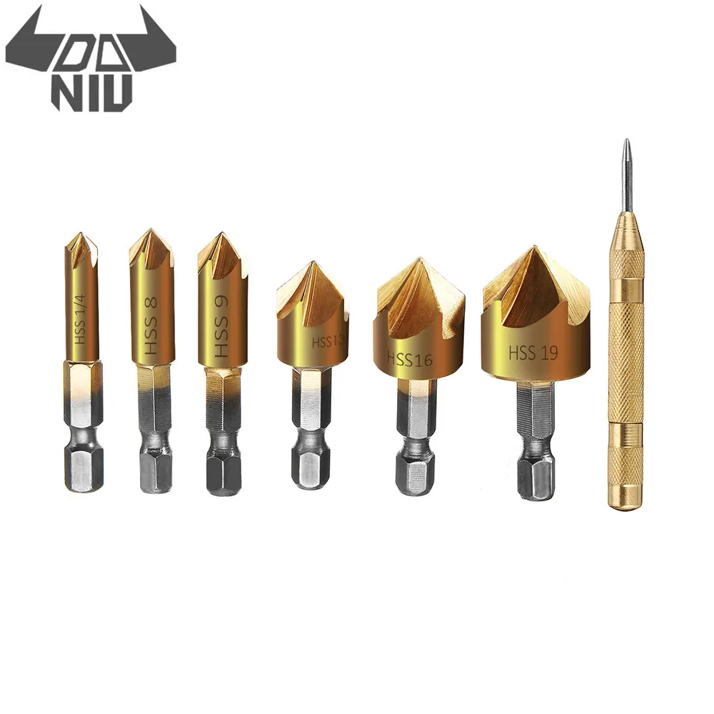 

DANIU 6-19mm Countersink Drill Bit with Automatic Center Pin Punch 5 Flutes Hex Shank Titanium Coated Chamfer Cutter Set