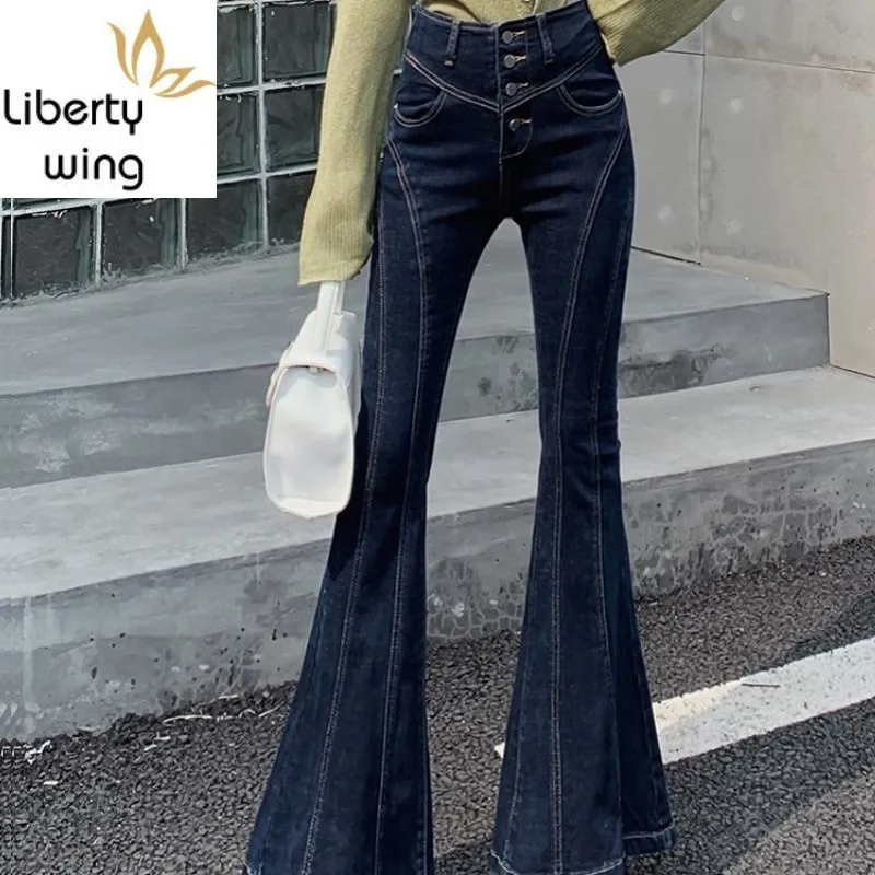 

High Waist Single Breasted Flare Jeans Women Vintage Splice Trousers Streetwear Slim Fit Office Lady Bell-Bottomed Denim Pants