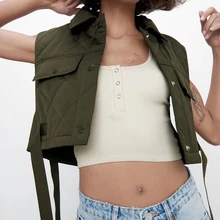 

New Fashion Women Turn-down Collar Waistcoat Chic Solid Color Sleeveless Button-down Windproof Warm Crop Tops