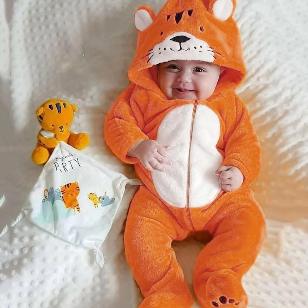 

Newborn baby long-sleeved stereo cartoon tiger plush hooded romper jumpsuit boys and girls long-sleeved cartoon fleece hooded 4*
