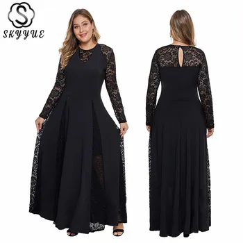 

Skyyue Evening Dress Long Sleeve Plus Size Women Party Dresses 2019 Lace Pleat Hollow Robe De Soiree Formal Evening Gowns T022