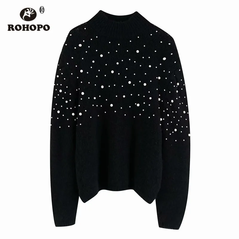 ROHOPO, полувысокий воротник, бисер, жемчуг, Однотонный свитер, длинный рукав, осень/зима, пуловер, вязаные топы, верхняя одежда#9736