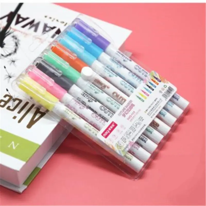 Самоконтурные Маркеры цвета "металлик", 8 шт, двойная линейка, ручка BuIIet Journal Pens& Colore