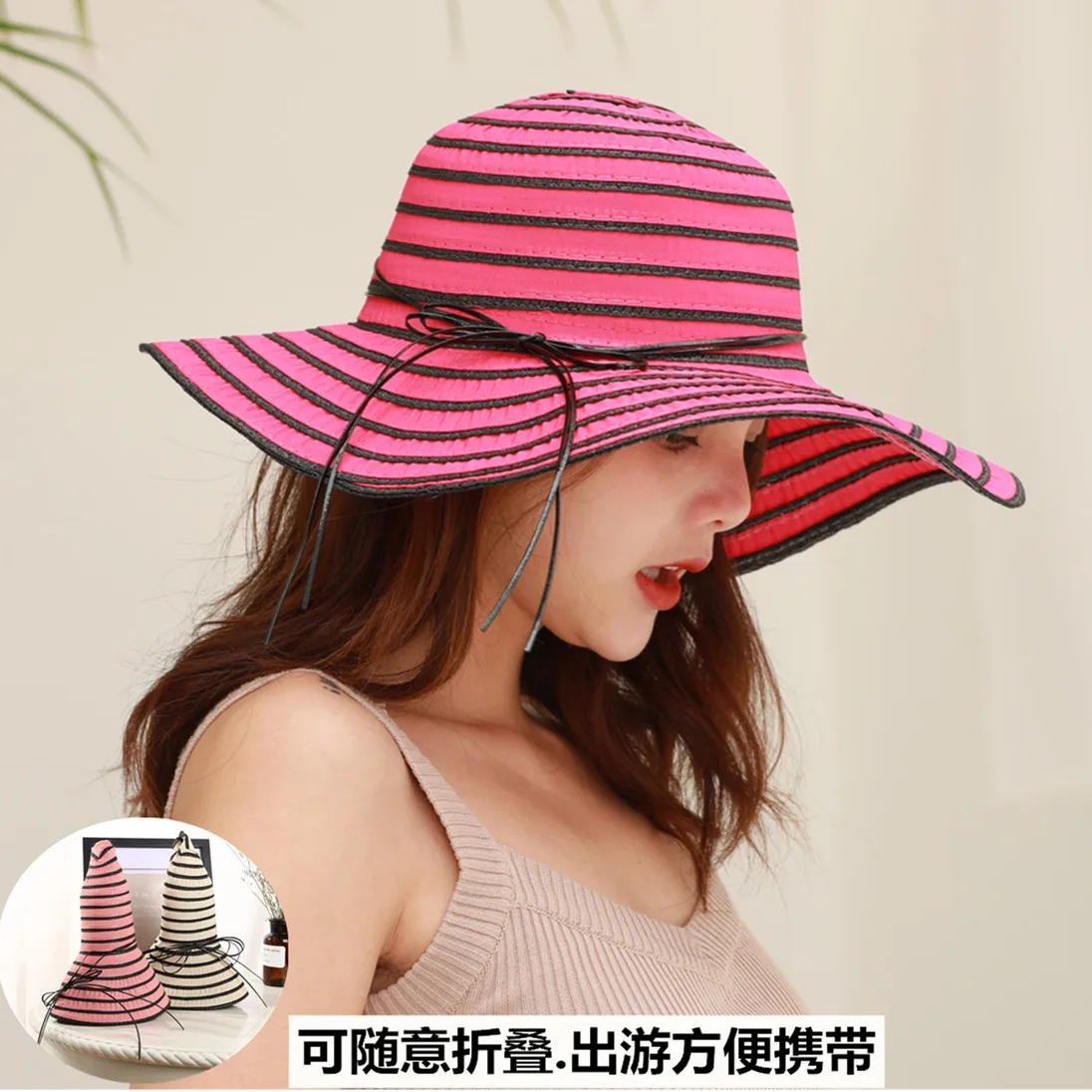 

Summer Women's Sun Hat Korean-style New Style Double Color Stripes Large Brimmed Beach Straw Hat Foldable Sun-resistant Bow Cap