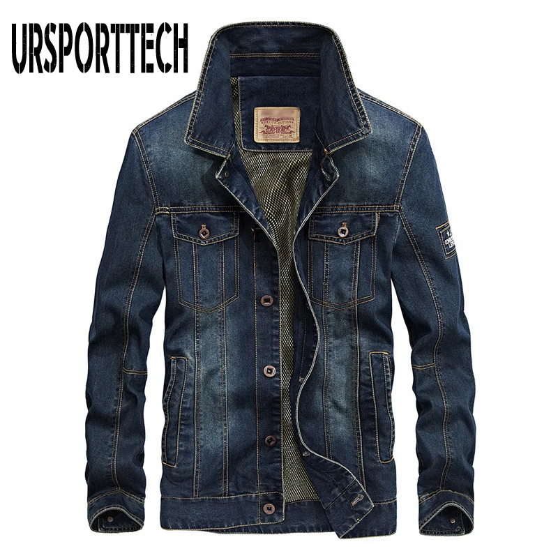 

URSPORTTECH Denim Jackets Men Coat Dark Blue Casual Teens Denim Jacket Cotton Turn-down Collar Long Sleeve Denim Bomber Jackets
