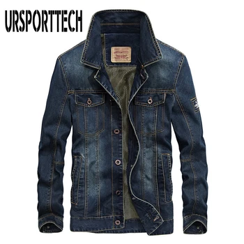 

URSPORTTECH Denim Jackets Men Coat Dark Blue Casual Teens Denim Jacket Cotton Turn-down Collar Long Sleeve Denim Bomber Jackets